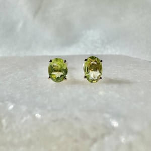 Genuine Peridot Oval Stud Earrings / 14k Solid Gold