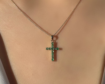 Genuine Emerald Round Cut Cross Pendant (Large) / 14k Solid Gold