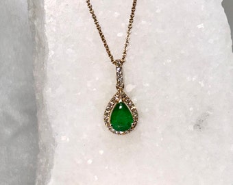 Genuine Emerald and Diamond Pear Cut Teardrop Pendant / 14k Solid Gold