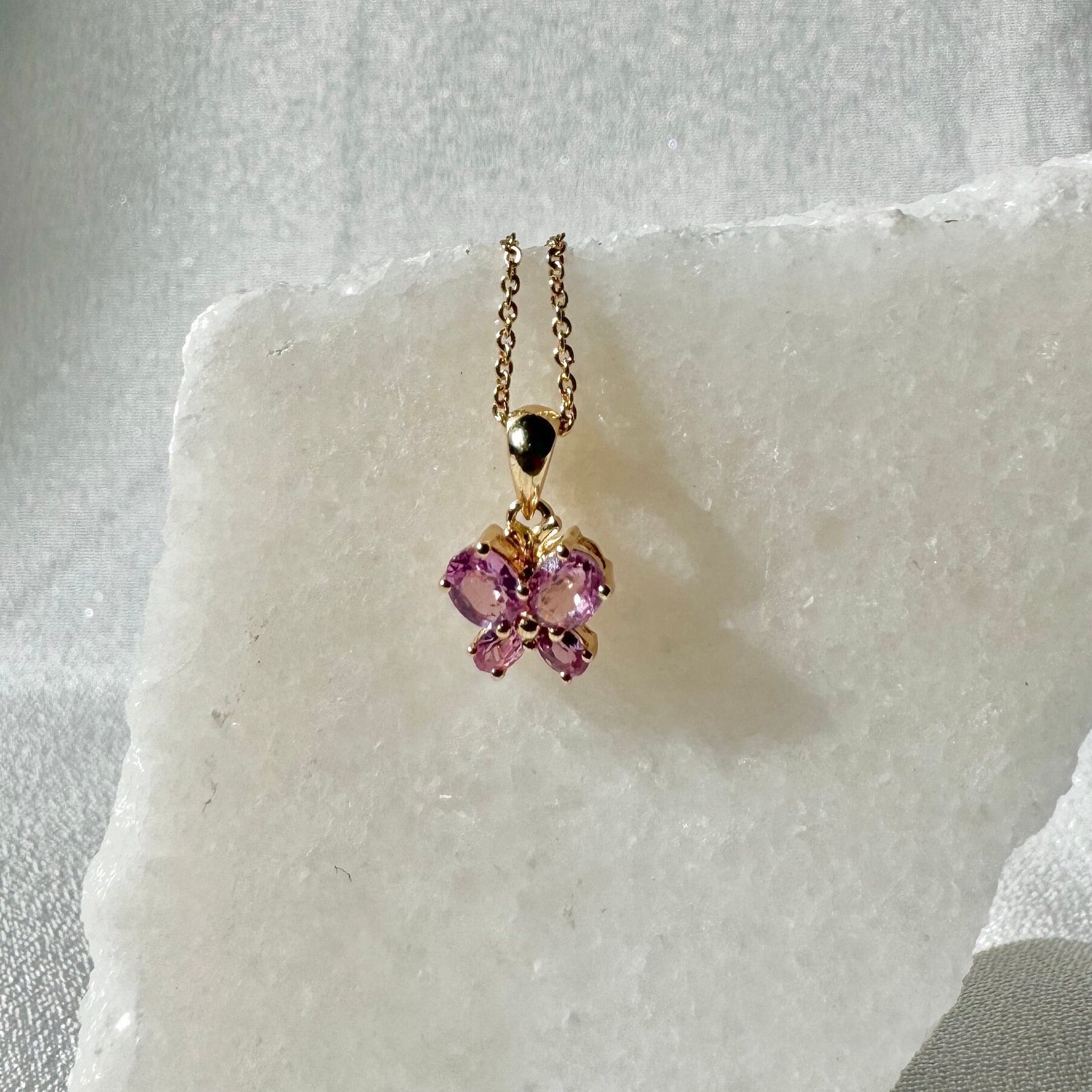Genuine Pink Sapphire Butterfly Pendant / 14k Solid Gold
