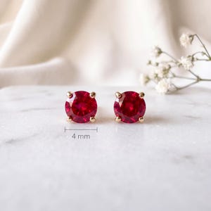 Genuine Ruby Solitaire Stud Earrings, 4mm Round Cut, 14k Yellow Gold, July Birthstone Gift
