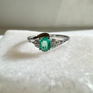 Genuine Emerald and Diamond Oval Cut Cluster Ring / 14k Solid White Gold