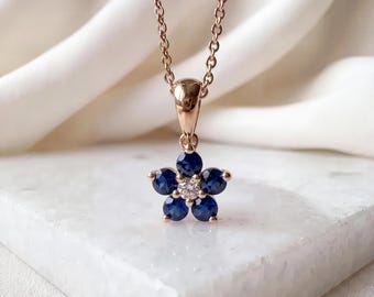 Genuine Sapphire and Diamond Flower Pendant (Mini) in 14k Solid Gold