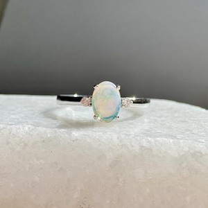 Genuine Opal and Diamond Oval Cut Ring / 14k Solid White Gold