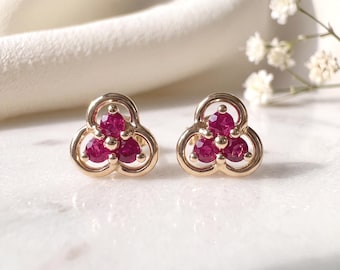 Genuine Ruby Trio Studs / 14k Solid Gold