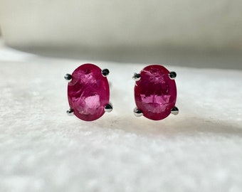 Genuine Ruby Oval Cut Stud Earrings / 14k Solid Gold