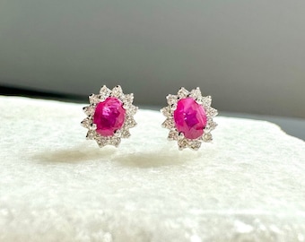 Genuine Ruby and Diamond Solaris Earrings / 14k Solid Gold