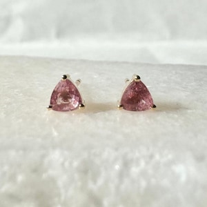 Genuine Pink Sapphire Trillion Cut Stud Earrings / 14k Solid Gold