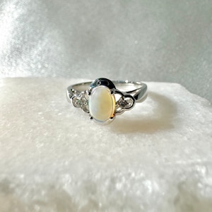 Genuine Opal and Diamond Oval Ring / 14k Solid White Gold