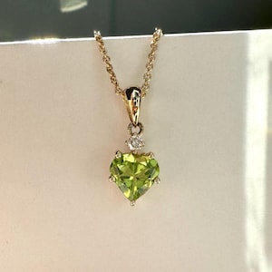 Genuine Peridot and Diamond Heart Pendant / 14k Solid Gold