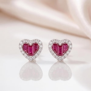 Genuine Ruby and Diamond Heart Earrings in 14k Solid Gold