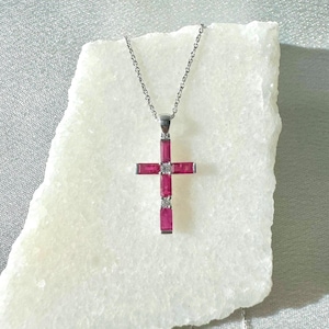 Genuine Ruby and Diamond Baguette Cut Cross Pendant | 14k Solid Gold
