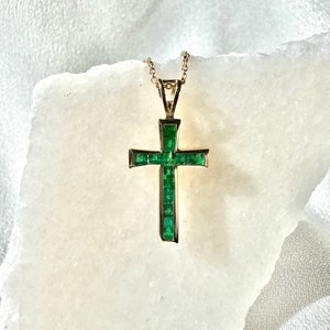 Genuine Emerald Tapered Cross Pendant / 14k Solid Gold