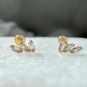 Genuine Diamond Trio Baguette Studs / 14k Solid Yellow Gold