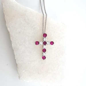 Genuine Ruby and Diamond Cross Pendant | 14k Solid Gold