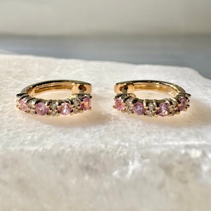 Genuine Pink Sapphire and Diamond Huggies / 14k Solid Gold