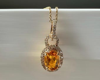 Genuine Citrine and Diamond Oval Pendant | 14k Solid Yellow Gold