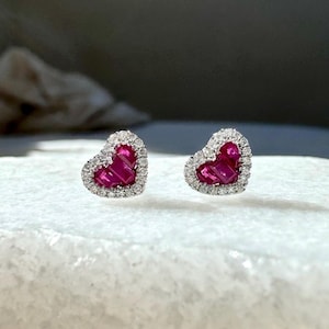 Genuine Ruby and Diamond Heart Earrings / 14k Solid Gold