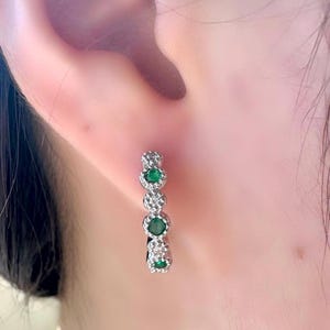 Genuine Emerald and Diamond Medium Hoops / 14k Solid Gold