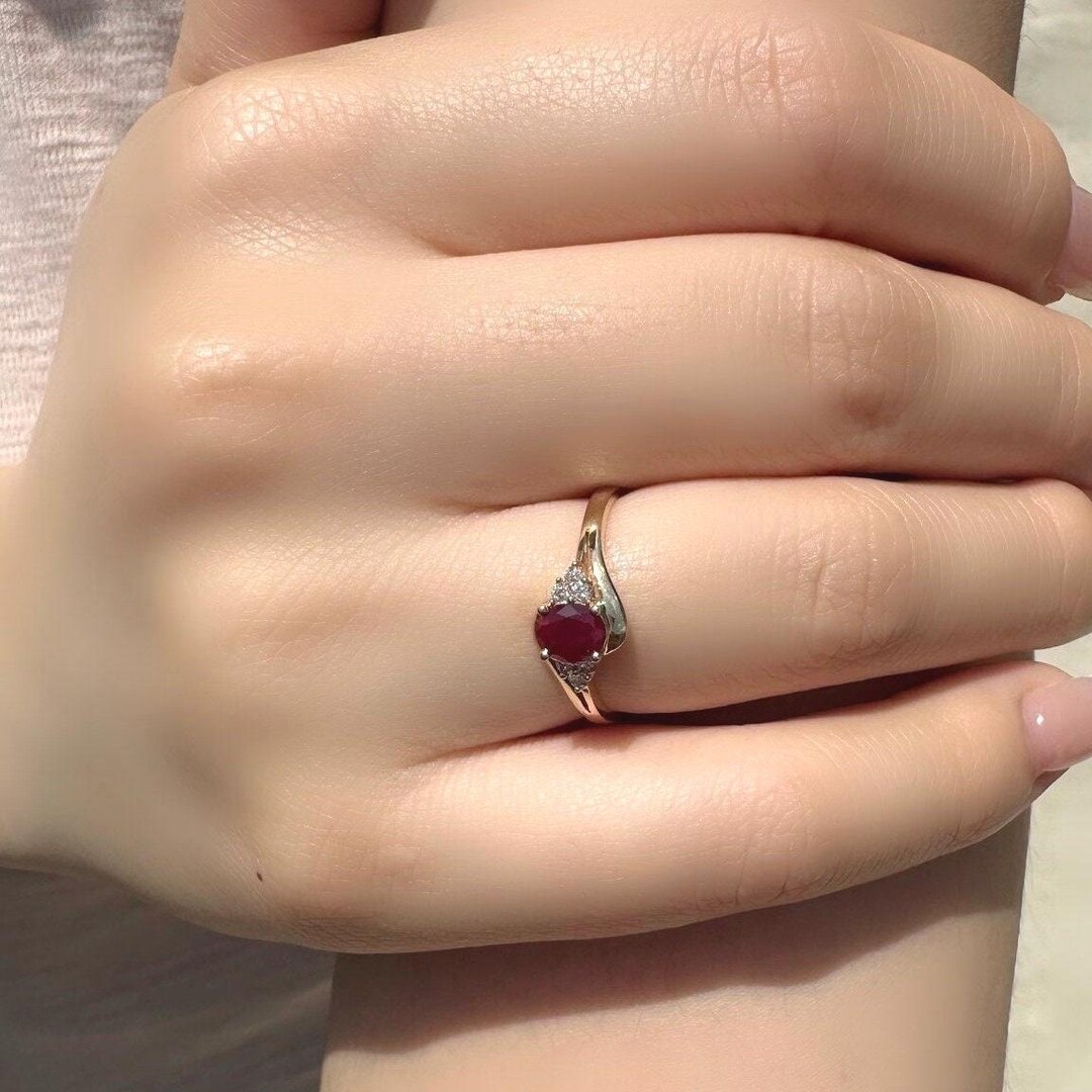 Genuine Oval Cut Ruby and Diamond Cluster Ring / 14k Solid Gold - Etsy