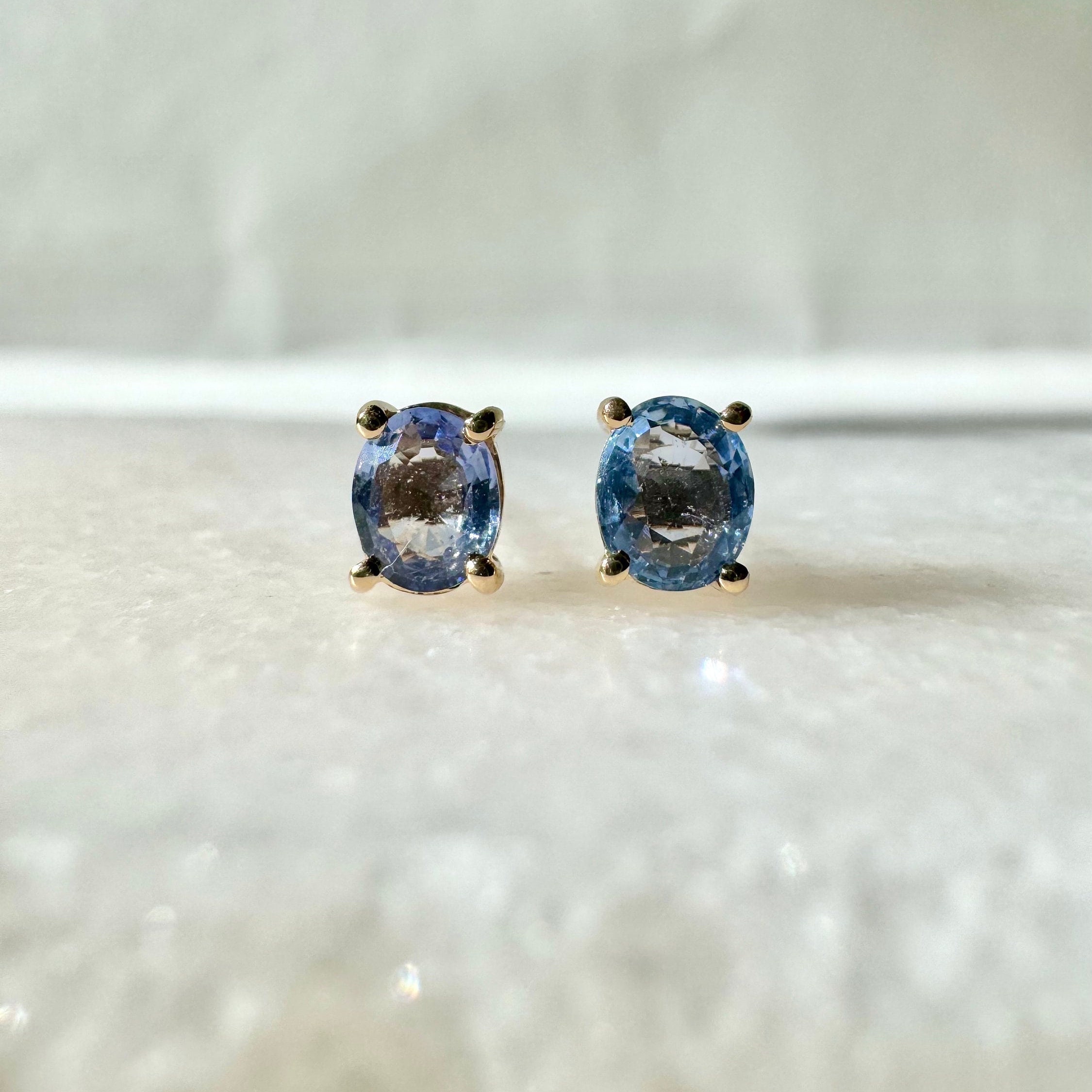 Genuine Ceylon Sapphire Oval Cut Solitaire Stud Earrings / 14K Solid Gold