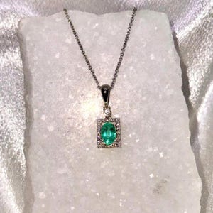 Genuine Oval Cut Emerald and Diamond Prism Pendant / 14k Solid Gold