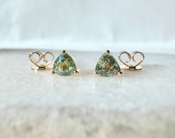 Genuine Green Sapphire Trillion Cut Stud Earrings / 14k Solid Gold