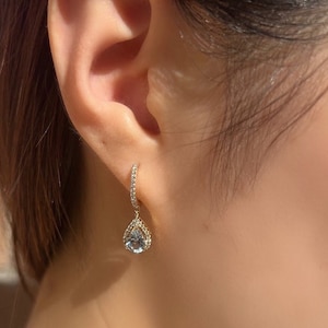 Genuine Aquamarine and Diamond Teardrop Huggies / 14k Solid Gold