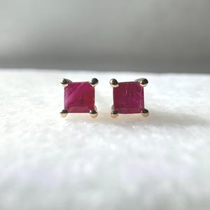 Genuine Ruby Princess Cut Stud Earrings / 14k Solid Gold