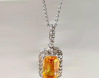 Genuine Citrine and Diamond Emerald Cut Pendant | 14k Solid White Gold