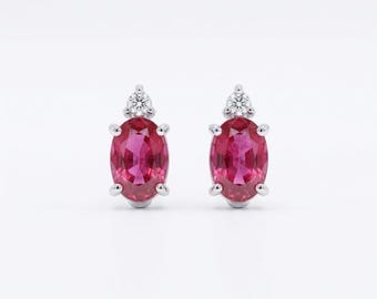 Genuine Ruby and Diamond Oval Studs / 14k Solid White Gold