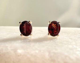 Genuine Garnet Oval Cut Solitaire Stud Earrings / 14k Solid Gold