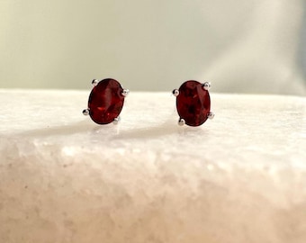 Genuine Garnet Oval Cut (Mini) Stud Earrings / 14K Solid Gold