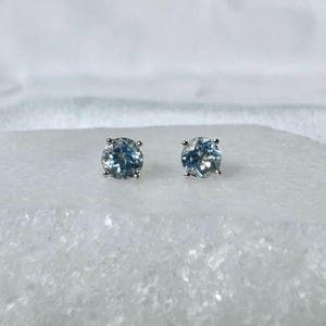 Genuine Aquamarine 4.8 MM Round Cut Solitaire Stud Earrings / 14k Solid Gold