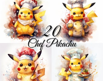 20 Chef Pikachu Watercolor Clipart PNG Bundle (Digital Download)