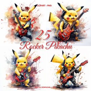 Pikachu Watercolor Clipart PNG, 25 Rocker Pikachu, Rock Guitar Pikachu images, Digital Paper Craft, Pikachu Png Bundle, Music Pikachu
