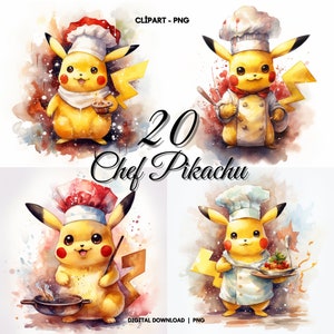 Pikachu Watercolor Clipart PNG, 20 Chef Pikachu, Cooking Pikachu images, Digital Paper Craft, Pikachu Png Bundle, Chef Pikachu Clipart