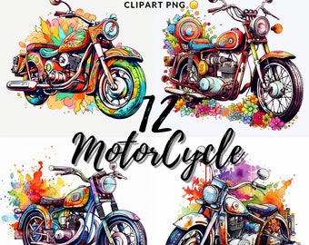 Watercolor Vintage Motorcycle Clipart: 12 PNG Images (Commercial Use)