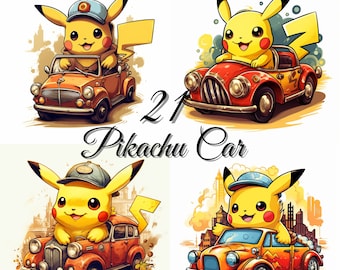 Pikachu Vintage Car Clipart, Cartoon Images Bundle (PNG Digital Download)