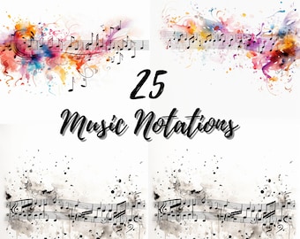 Music Notation Watercolor Clipart PNG, Colored 25 Musical Note,  Instant Download, Commercial Use, Notes Clipart , Black - White Notes Png