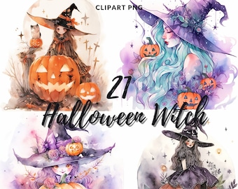 21 Halloween Witch & Pumpkin Watercolor Clipart PNG Bundle (Commercial Use)