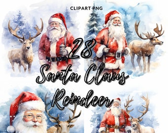 Clipart PNG du père Noël, 28 images de Noël aquarelles, clipart de renne, Images de Noël Png, fabrication de cartes de joyeux Noël