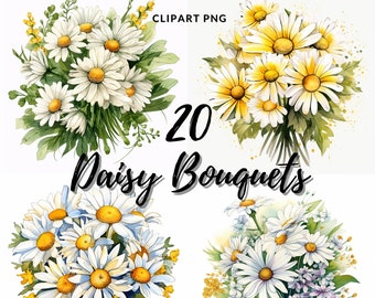 May include: A set of 20 digital clipart images of daisy bouquets. The bouquets are painted in watercolor style with white daisies and yellow centers. The daisies are arranged in a variety of bouquets with green leaves and stems.