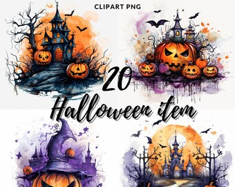20 Halloween Watercolor Clipart PNG Images (Digital Download)