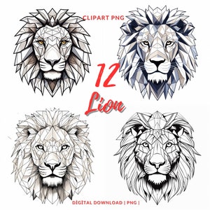 Leão Clipart PNG - Line Art Imagens de Leão, Pacote Geométrico de Leão PNG, Uso Comercial, Clipart de Leão Preto e Branco, Leão PNG