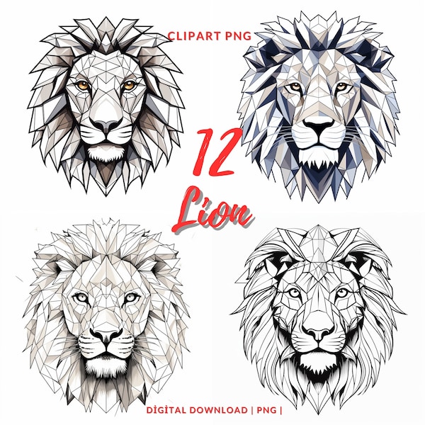 Lion Clipart PNG - Line Art Lion Images,  Geometric Lion PNG Bundle, Commercial Use, Black and White Lion Clipart, Lion PNG