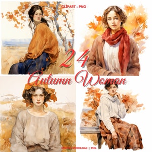 Watercolor Autumn Woman Clipart: Vintage Fall PNG Bundle (24 Images)