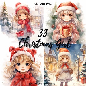Weihnachten Clipart PNG, Niedliches Weihnachtsmädchen PNG, Weihnachtsbilder Bundle, Kartenherstellung, Digitales Papierhandwerk, Frohe Weihnachten Kartenherstellung