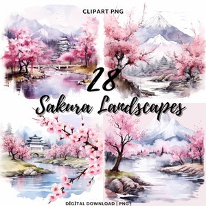 Sakura Clipart PNG, pacote de 28 imagens de flor de cerejeira, clipart de flores de cerejeira, imagens de paisagens de Sakura, criação de cartão Sakura de alta qualidade