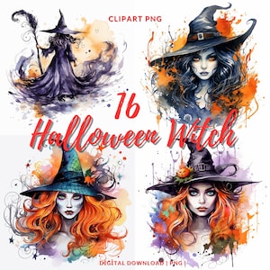 Halloween Witch Girls Clipart: 16 Spooky PNG Images (Digital Download)